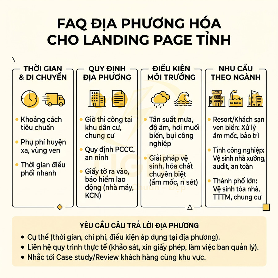 FAQ địa phương hóa cho landing page tĩnh với các mục thời gian di chuyển, quy định, điều kiện môi trường, nhu cầu ngành