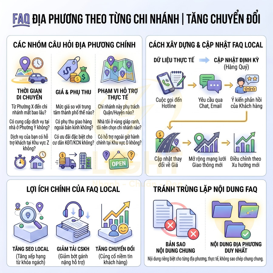 Infographic hướng dẫn xây dựng FAQ địa phương theo chi nhánh để tăng chuyển đổi và tối ưu SEO local