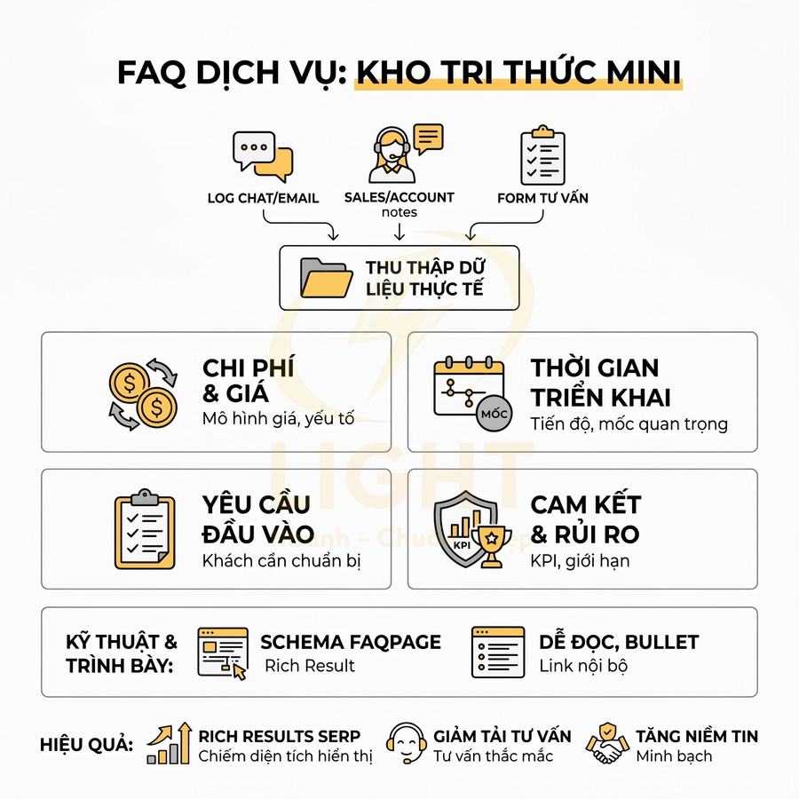 FAQ dịch vụ kho tri thức mini trình bày quy trình thu thập dữ liệu, nội dung FAQ và hiệu quả mang lại