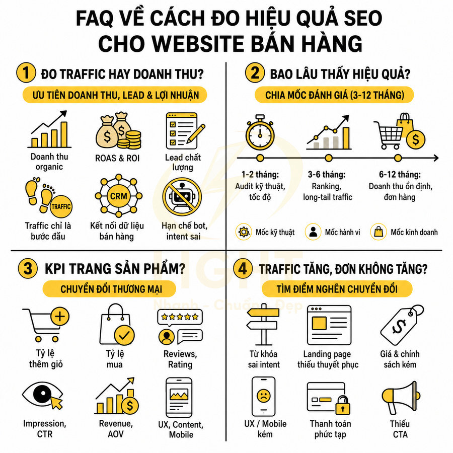 Infographic FAQ cách đo hiệu quả SEO cho website bán hàng với các chỉ số traffic, doanh thu và chuyển đổi