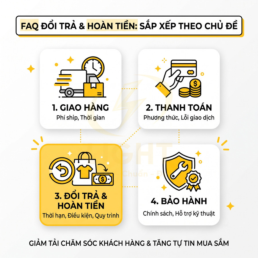 Mẫu FAQ đổi trả hoàn tiền cho shop online với 4 mục giao hàng, thanh toán, đổi trả và bảo hành