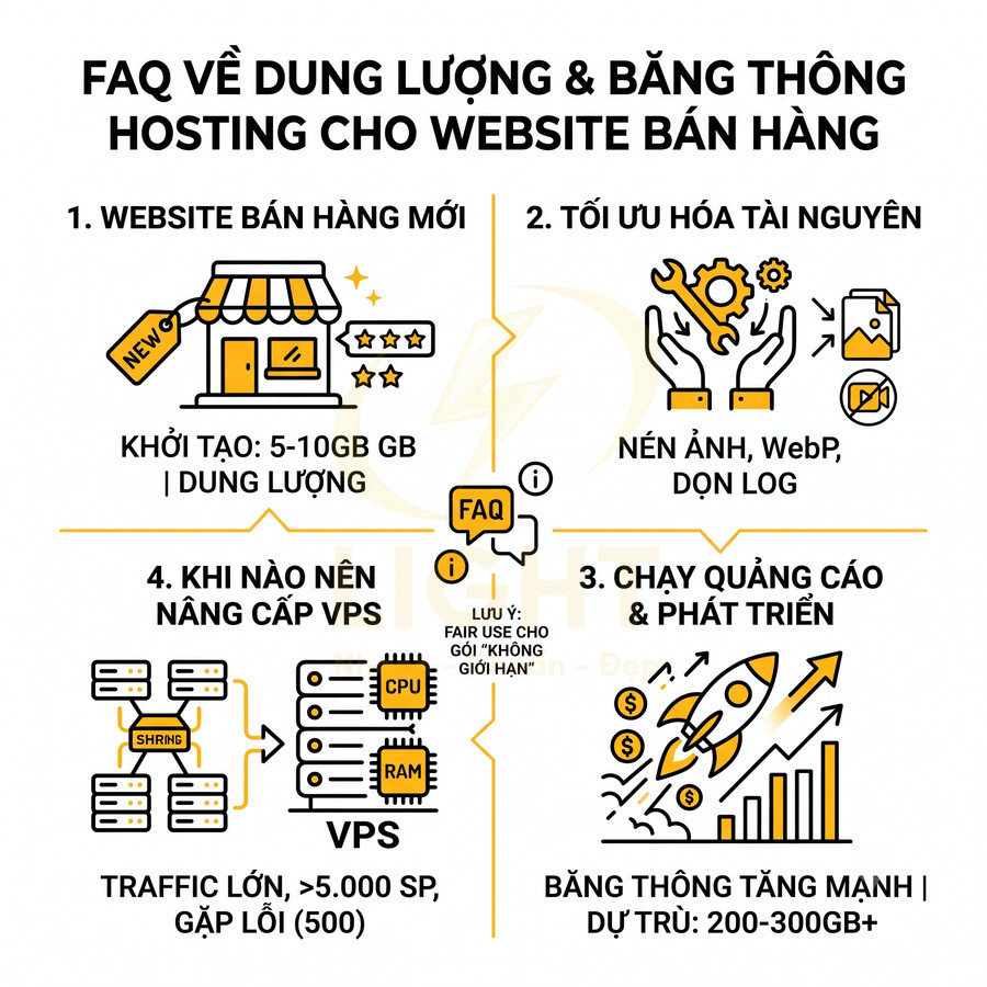 FAQ dung lượng và băng thông hosting cho website bán hàng, hướng dẫn tối ưu tài nguyên và khi nên nâng cấp VPS