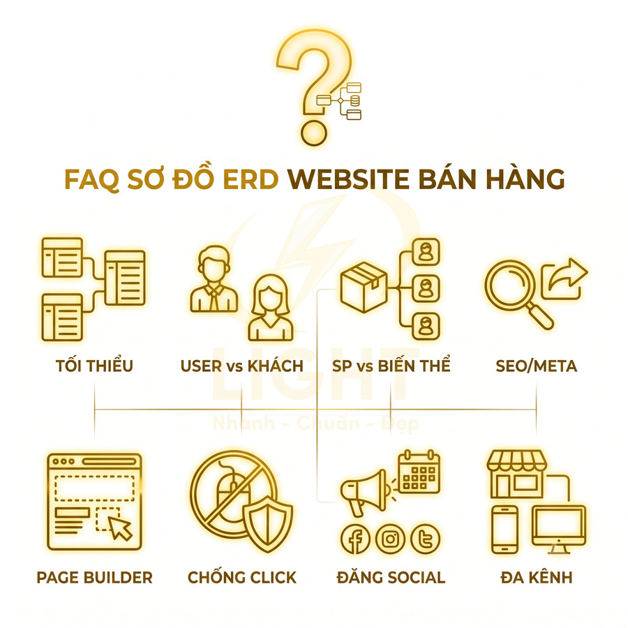 FAQ sơ đồ ERD website bán hàng với các mục tối thiểu, user khách, sản phẩm biến thể, SEO, page builder, chống click, social, đa kênh
