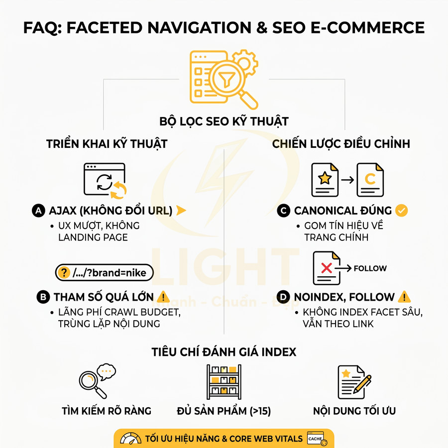 Hướng dẫn tối ưu bộ lọc faceted navigation cho SEO e commerce với AJAX, canonical, noindex và tiêu chí index