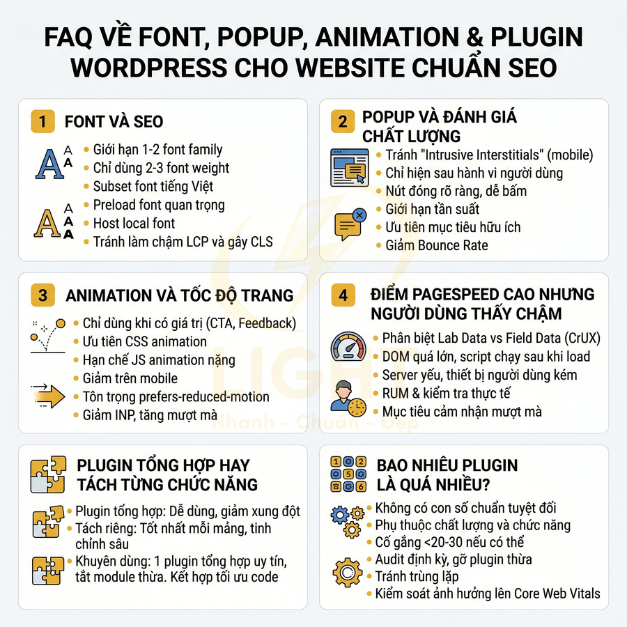 FAQ tối ưu font, popup, animation và plugin WordPress để cải thiện tốc độ tải trang và chuẩn SEO