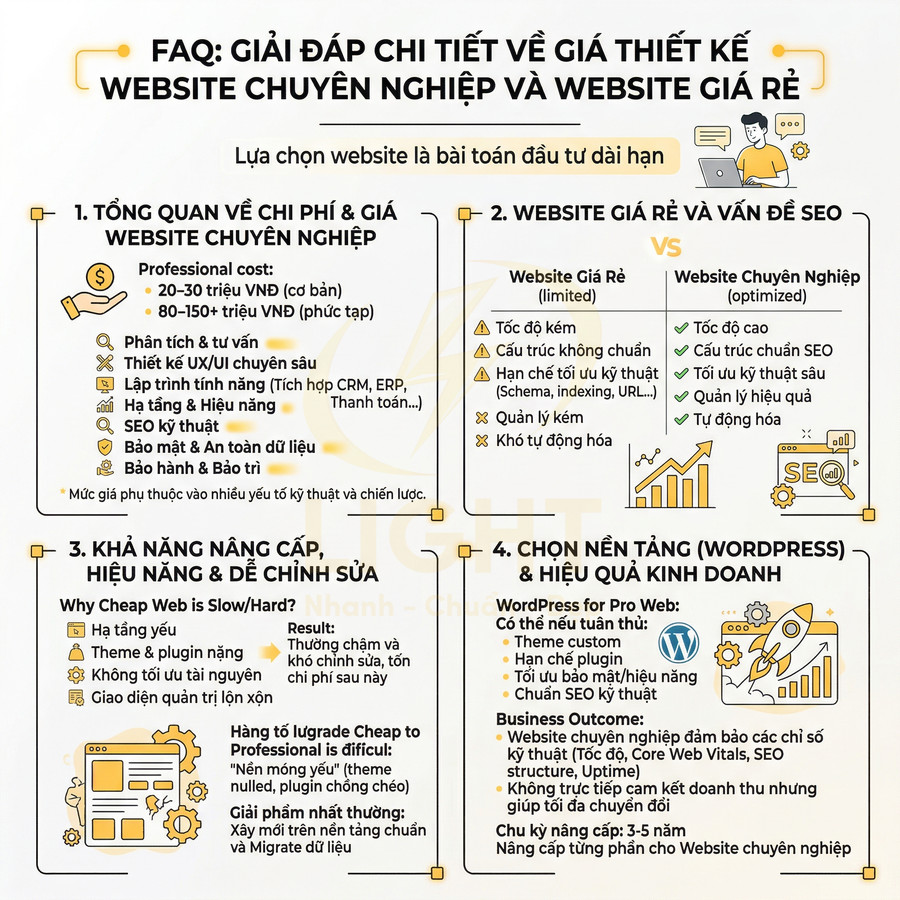 Infographic so sánh chi phí, SEO và hiệu quả giữa website chuyên nghiệp và website giá rẻ bằng tiếng Việt