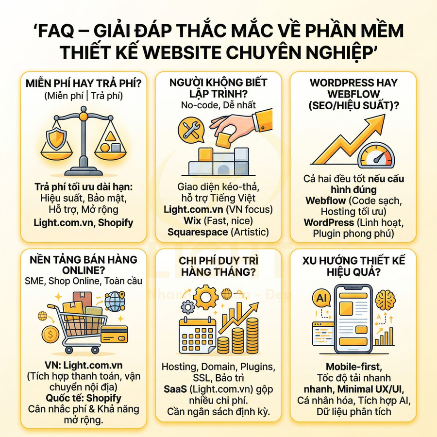 Infographic FAQ về phần mềm thiết kế website chuyên nghiệp, so sánh Light.com.vn, Shopify, WordPress, Webflow, Wix, Squarespace