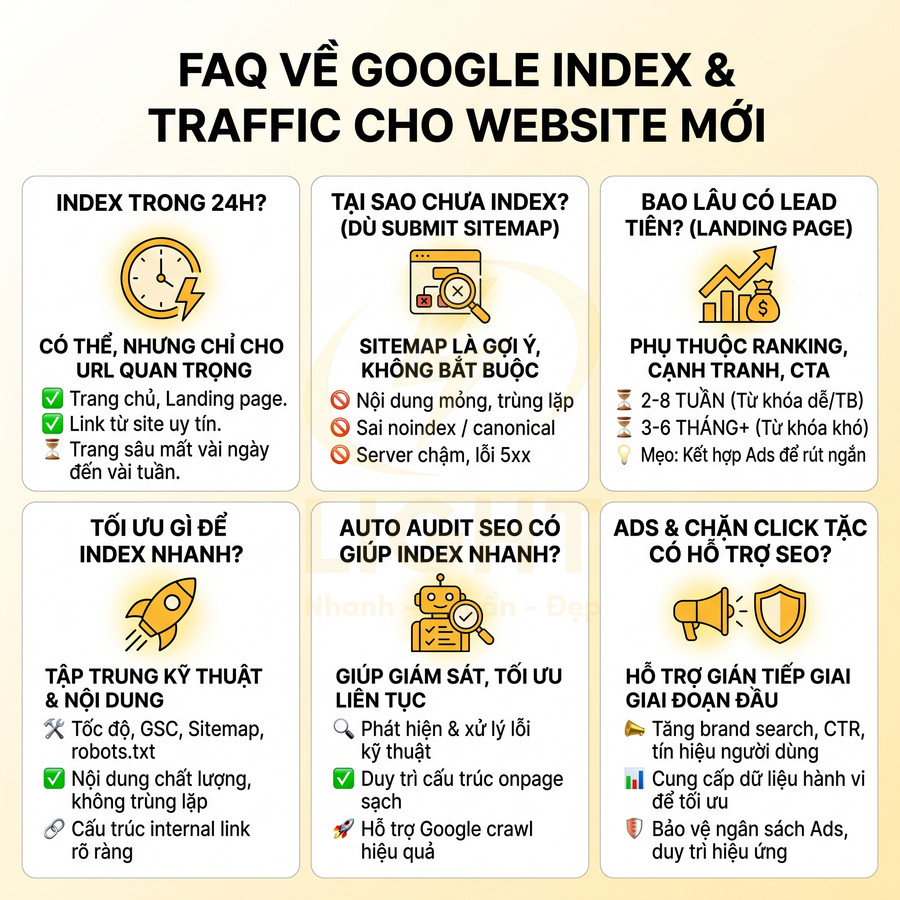 Infographic FAQ về Google index và traffic cho website mới, hướng dẫn tối ưu SEO và quảng cáo giai đoạn đầu