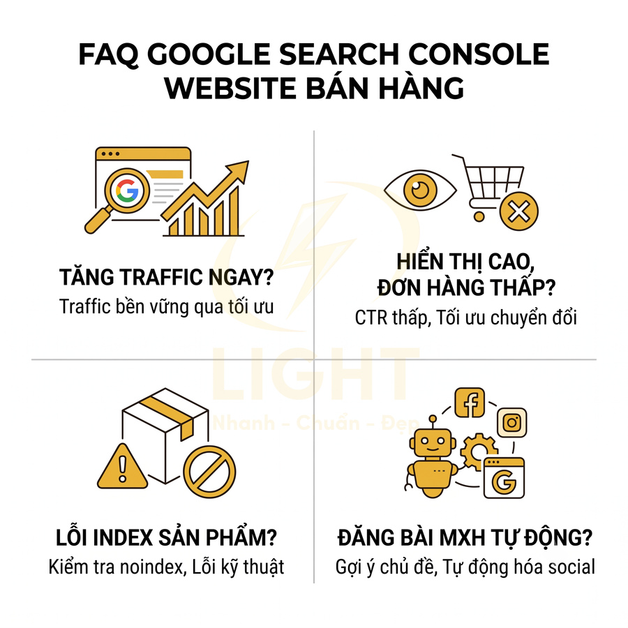 FAQ Google Search Console cho website bán hàng, giải pháp tăng traffic, tối ưu chuyển đổi và xử lý lỗi index sản phẩm