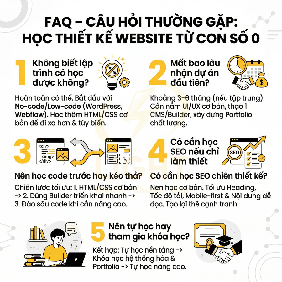 FAQ học thiết kế website từ con số 0 với 5 câu hỏi thường gặp và lời khuyên về code, SEO, thời gian nhận dự án