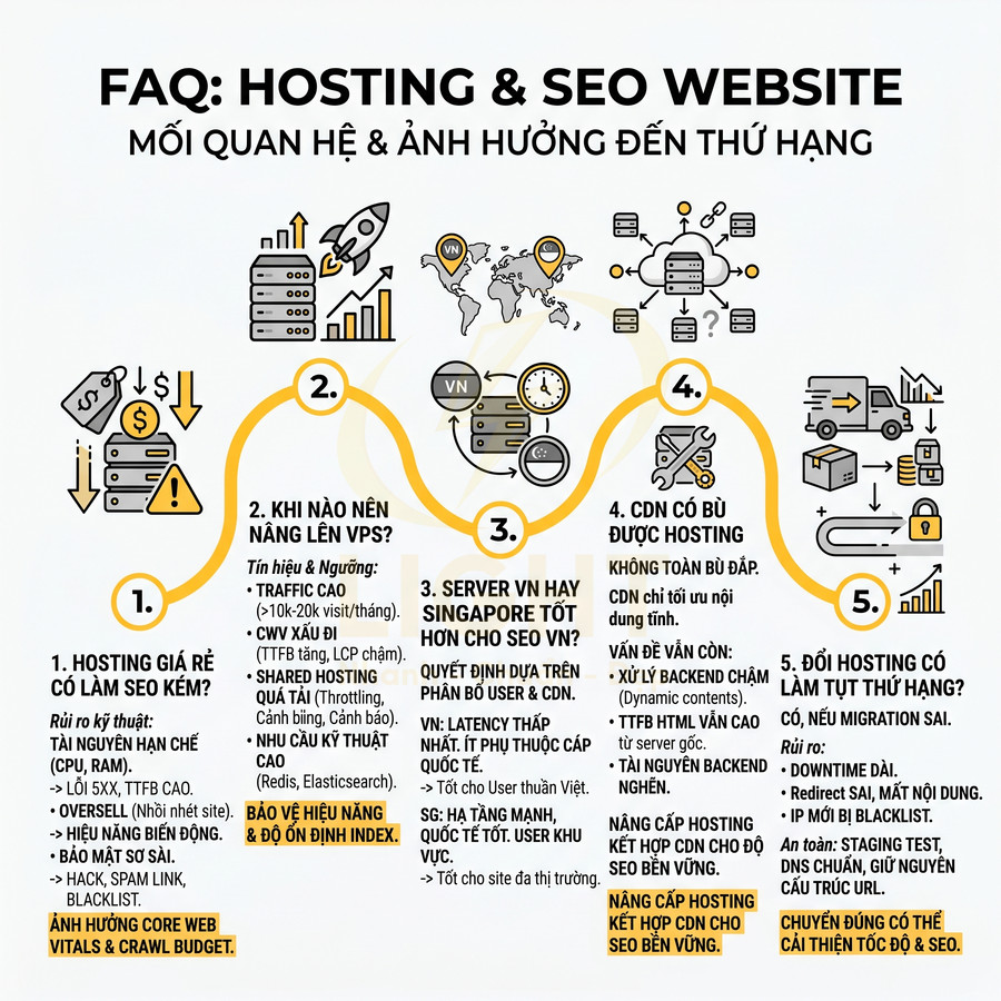 Infographic FAQ hosting và SEO website giải thích ảnh hưởng của chất lượng hosting đến thứ hạng SEO