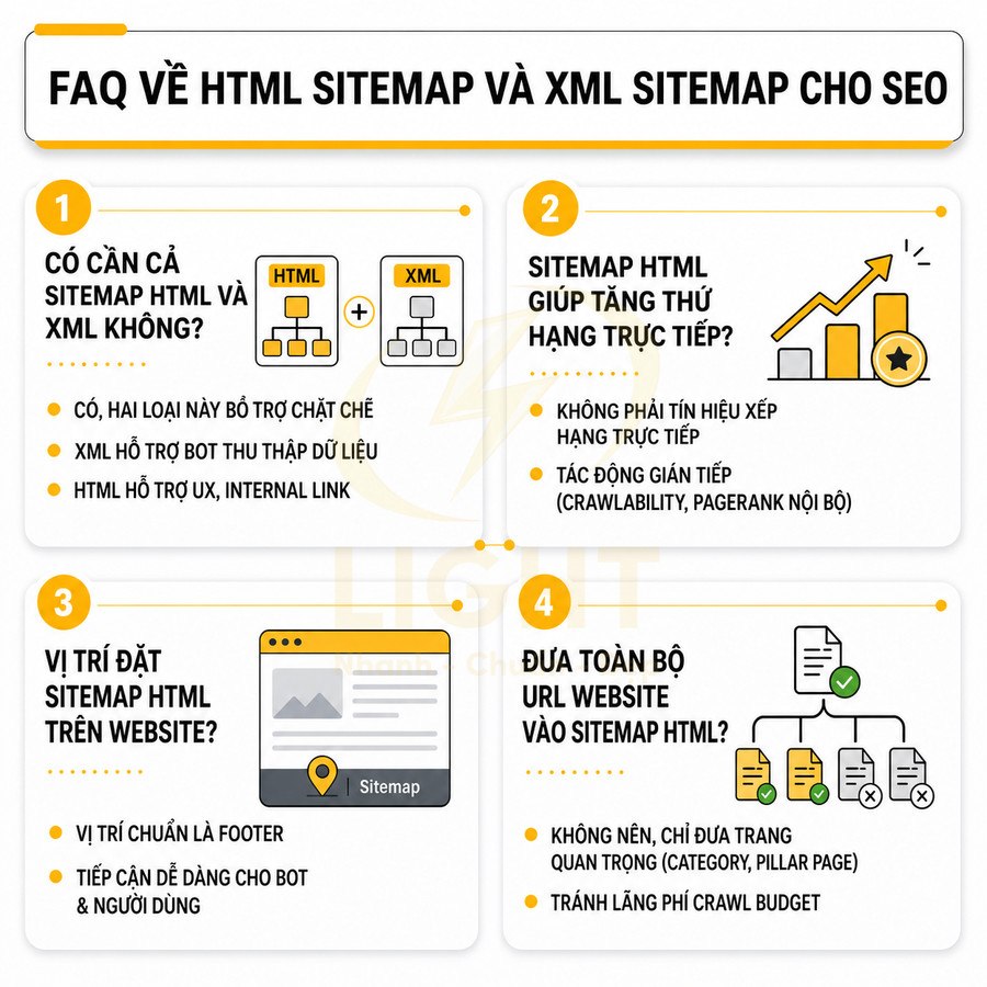 FAQ về HTML sitemap và XML sitemap cho SEO, giải thích vai trò, vị trí đặt và cách tối ưu sitemap trên website