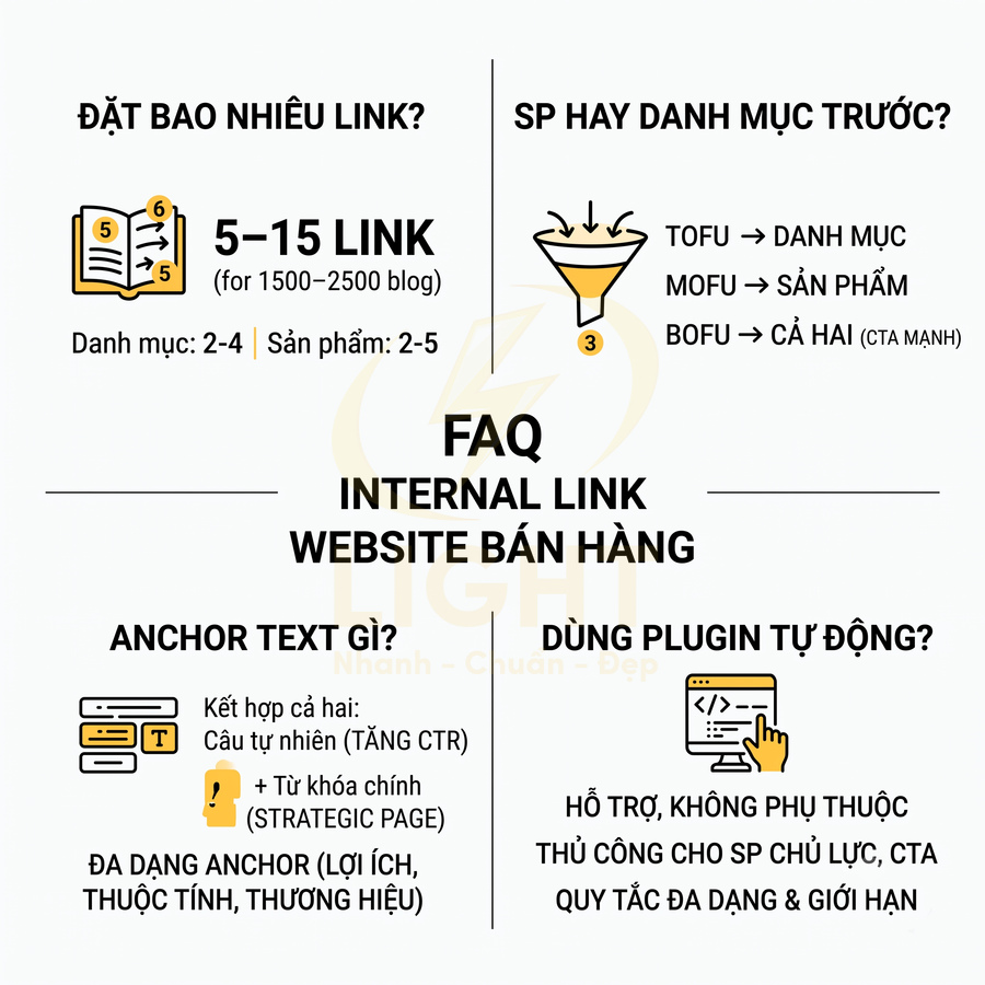 Infographic hướng dẫn tối ưu internal link cho website bán hàng với số lượng link, anchor text và cách dùng plugin