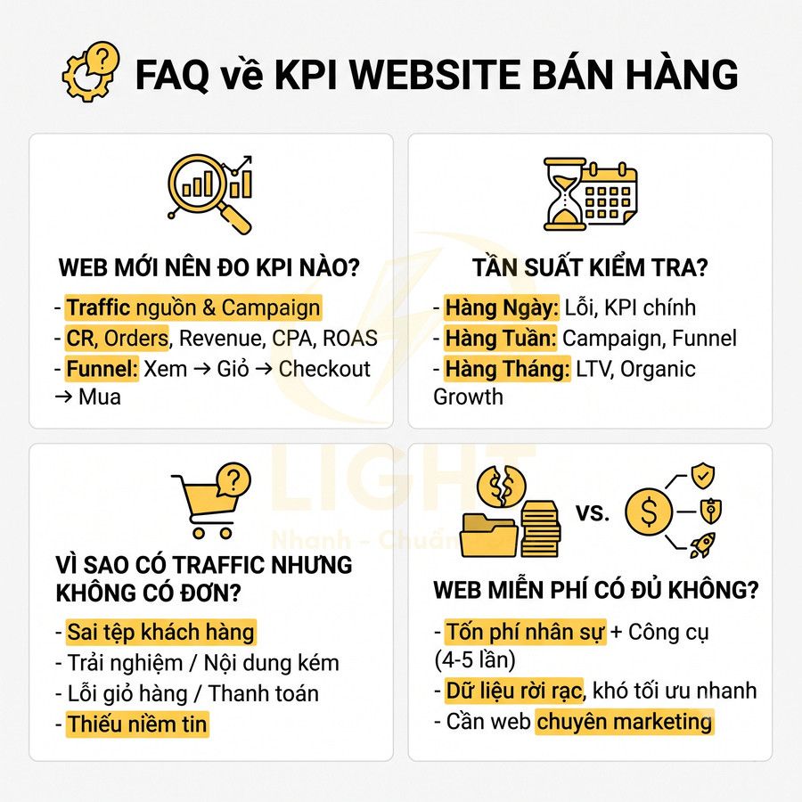 FAQ về KPI website bán hàng, hướng dẫn đo lường traffic, chuyển đổi và lý do web có traffic nhưng không có đơn