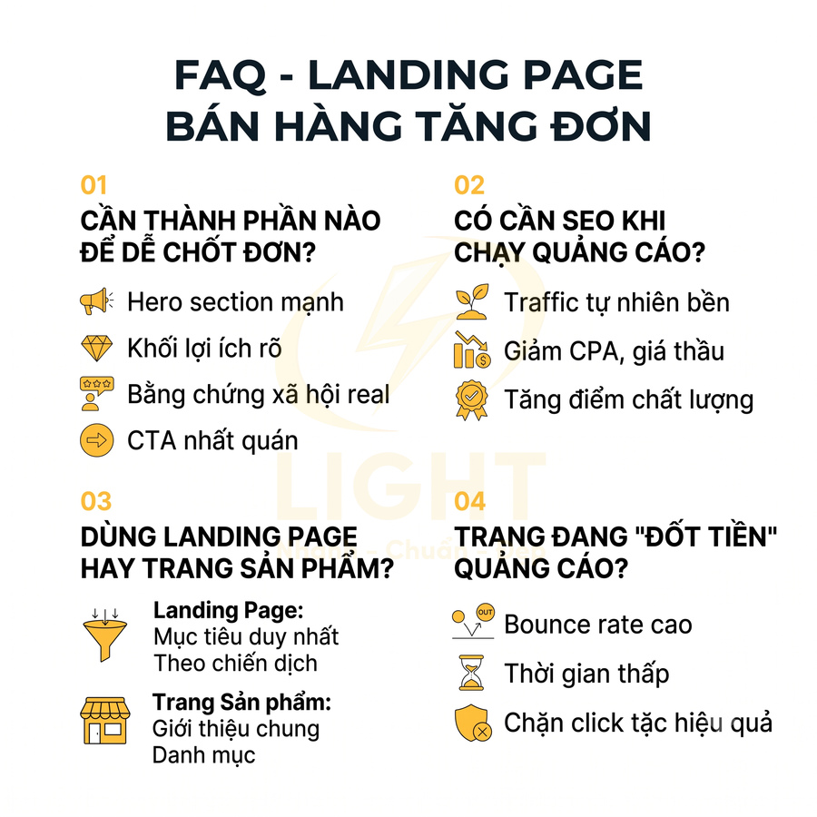 FAQ về landing page bán hàng tăng đơn với hướng dẫn tối ưu cấu trúc, SEO và hiệu quả quảng cáo