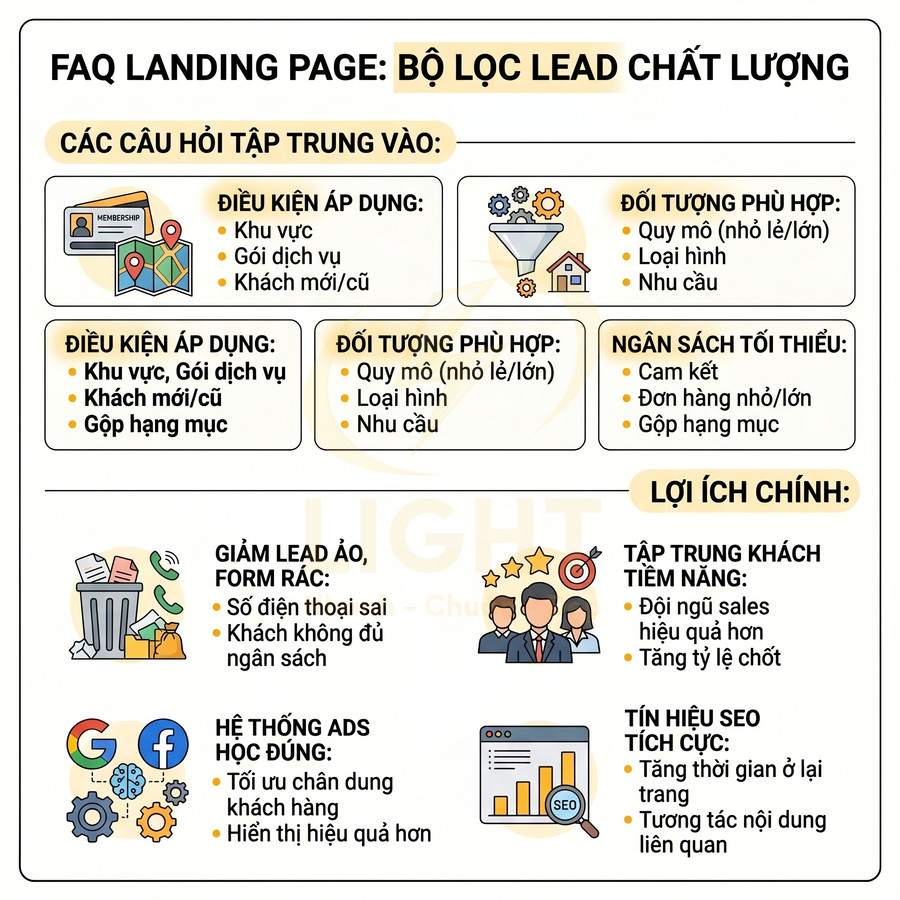 FAQ landing page bộ lọc lead chất lượng với điều kiện áp dụng, đối tượng phù hợp và lợi ích chính cho marketing