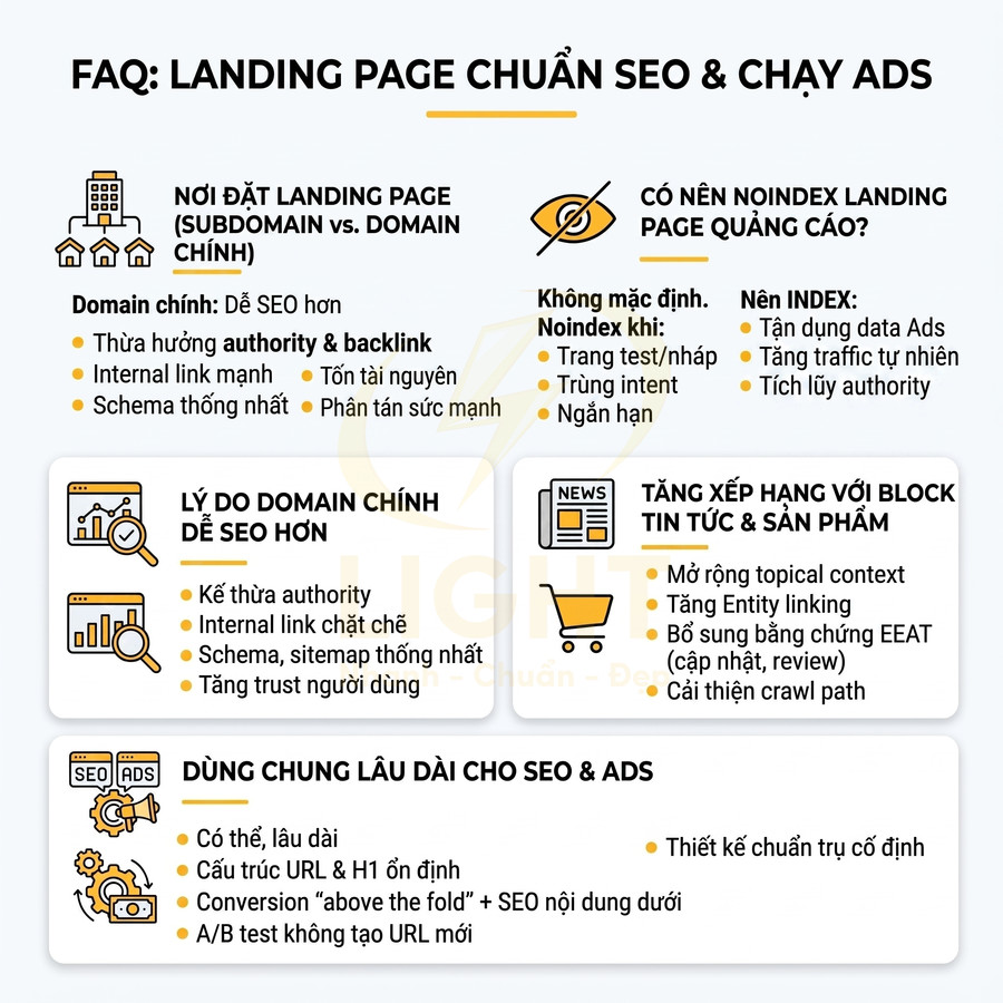 FAQ hướng dẫn tối ưu landing page chuẩn SEO và chạy quảng cáo với vị trí đặt, noindex, block tin tức và dùng chung cho SEO Ads