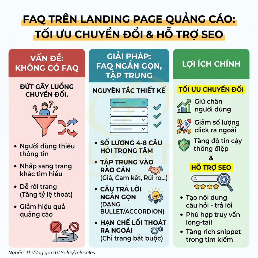 Infographic hướng dẫn tối ưu FAQ trên landing page quảng cáo để tăng chuyển đổi và hỗ trợ SEO