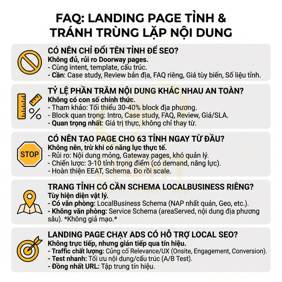 FAQ hướng dẫn tối ưu landing page tỉnh tránh trùng lặp nội dung và hỗ trợ SEO local