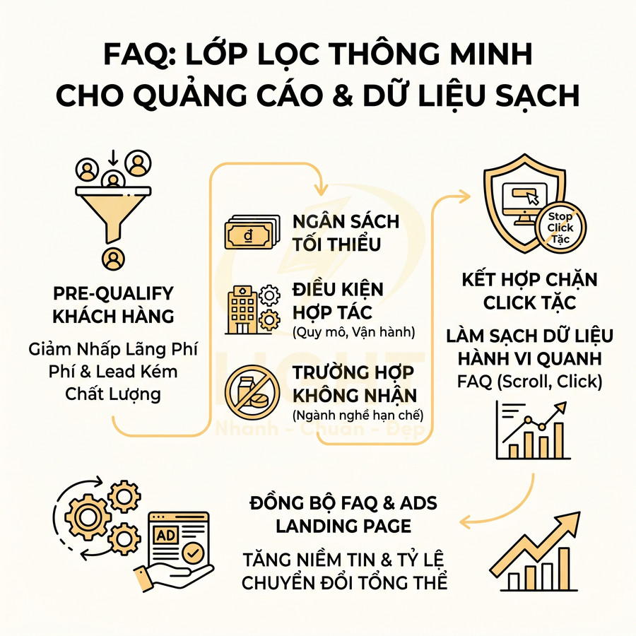 Infographic lớp lọc thông minh FAQ cho quảng cáo, chặn click tặc và làm sạch dữ liệu tăng tỷ lệ chuyển đổi