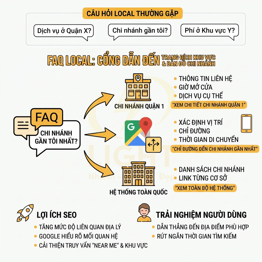 Infographic hướng dẫn dùng FAQ local dẫn người dùng đến chi nhánh gần nhất qua Google Maps và tối ưu SEO địa phương