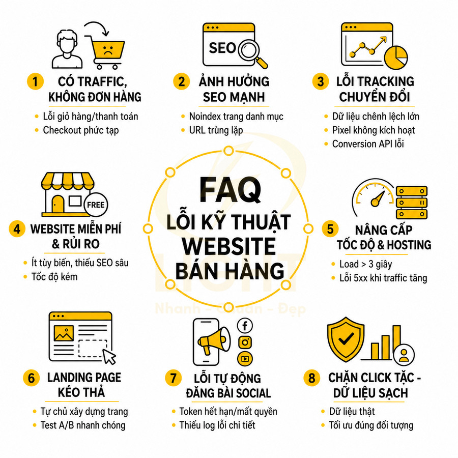 FAQ lỗi kỹ thuật website bán hàng với 8 vấn đề thường gặp và giải pháp tối ưu SEO, tốc độ, tracking và bảo mật