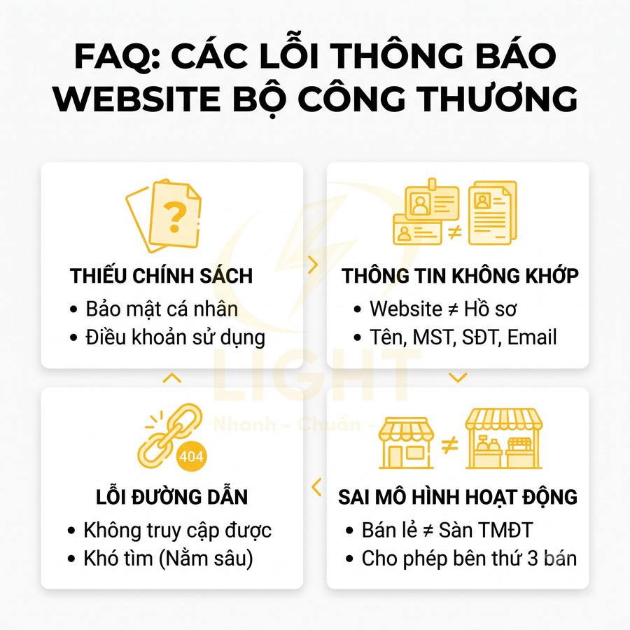 Các lỗi thường gặp khi thông báo website Bộ Công Thương: thiếu chính sách, thông tin không khớp, lỗi đường dẫn, sai mô hình hoạt động