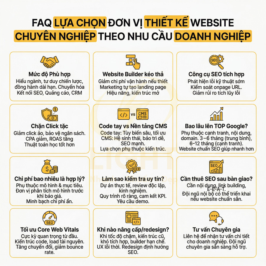 FAQ lựa chọn đơn vị thiết kế website chuyên nghiệp theo nhu cầu doanh nghiệp với các tiêu chí đánh giá dịch vụ