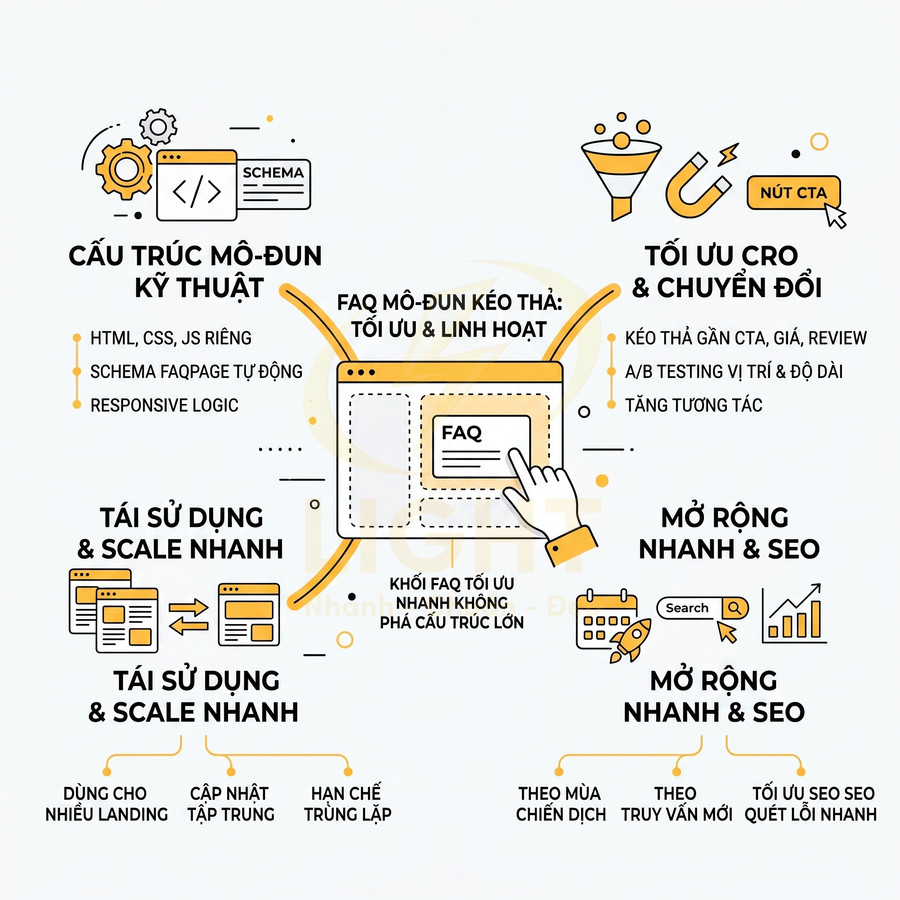 Mô-đun FAQ kéo thả tối ưu SEO CRO, tái sử dụng nhanh cho nhiều landing page và mở rộng chiến dịch marketing