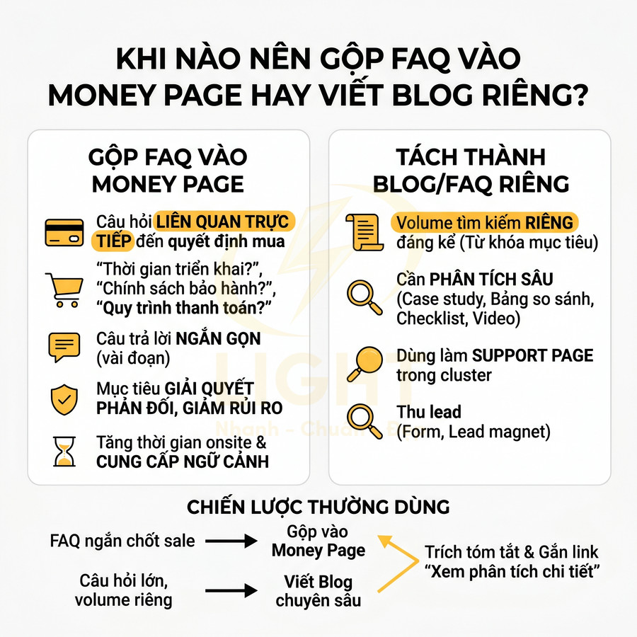 Infographic hướng dẫn khi nào gộp FAQ vào money page và khi nào tách thành blog FAQ riêng trong chiến lược SEO.
