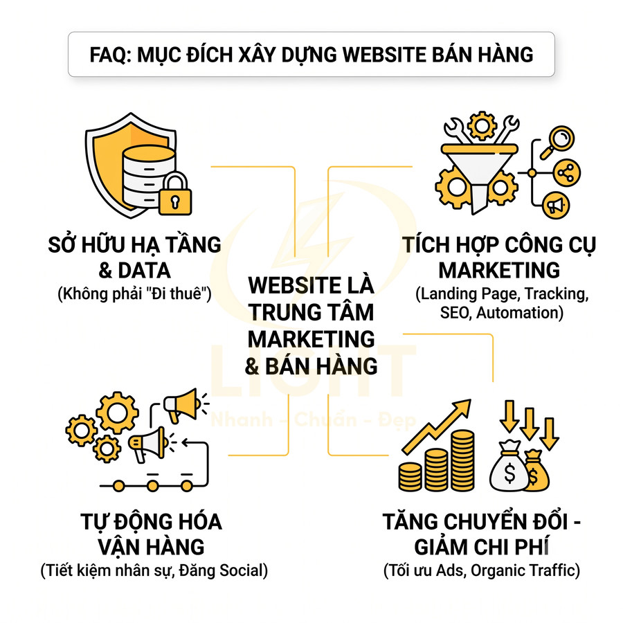 Lợi ích xây dựng website bán hàng: trung tâm marketing, sở hữu data, tích hợp công cụ, tự động hóa và tăng chuyển đổi