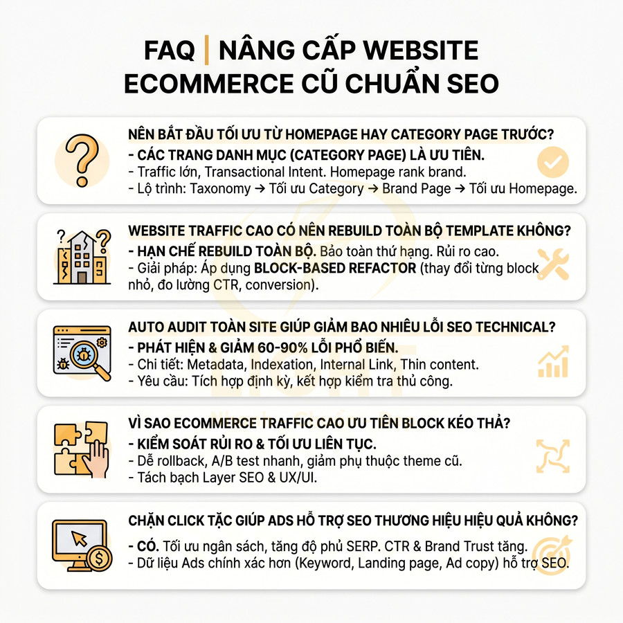 FAQ nâng cấp website ecommerce cũ chuẩn SEO với các câu hỏi về tối ưu category, rebuild template, auto audit và chặn click tặc