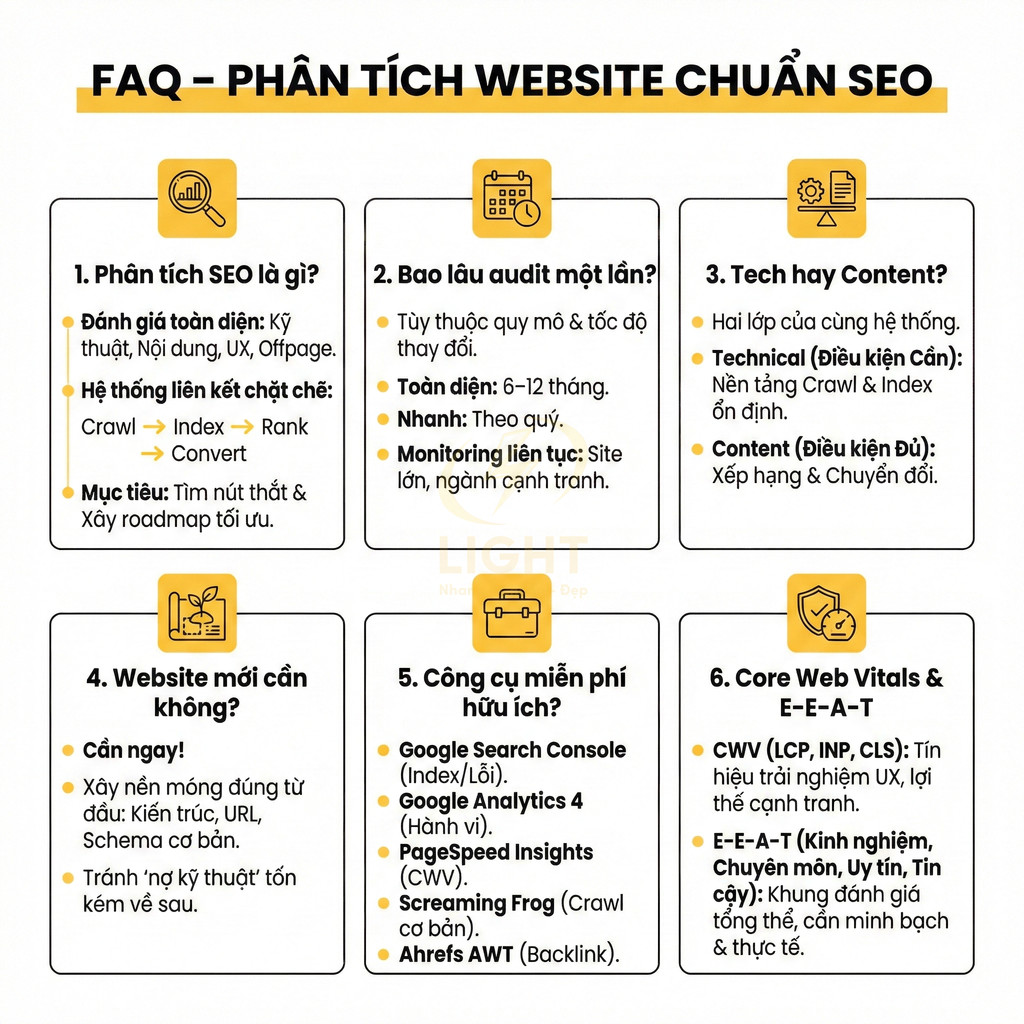 FAQ phân tích website chuẩn SEO với 6 mục chính về audit, kỹ thuật, content, công cụ miễn phí và Core Web Vitals