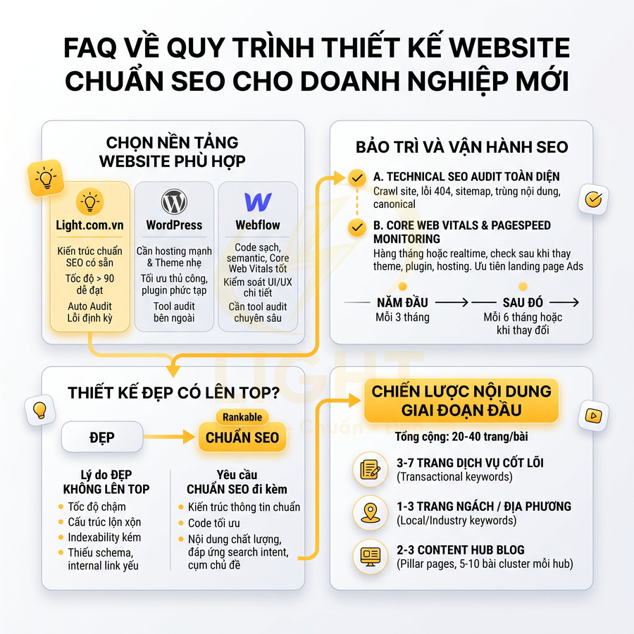 Infographic quy trình thiết kế website chuẩn SEO cho doanh nghiệp mới với các bước chọn nền tảng, bảo trì và chiến lược nội dung