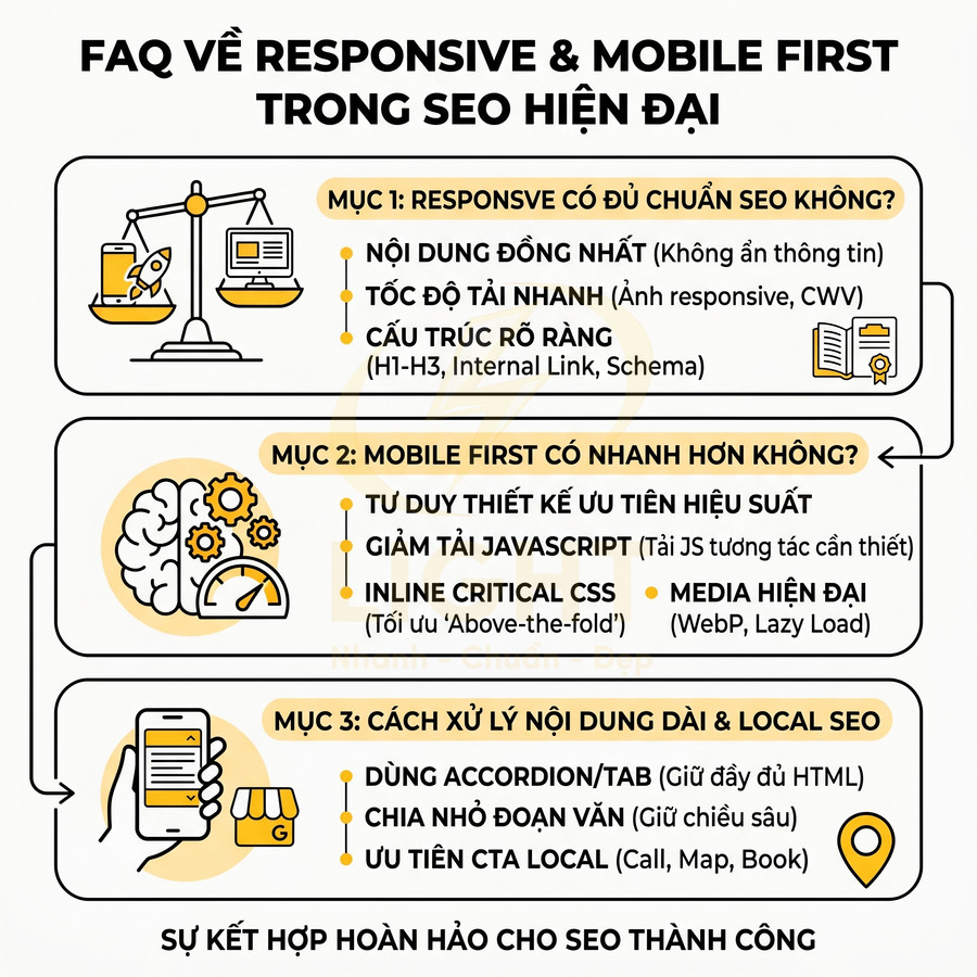 Infographic FAQ về responsive và mobile first trong SEO hiện đại với 3 mục tối ưu website cho tìm kiếm
