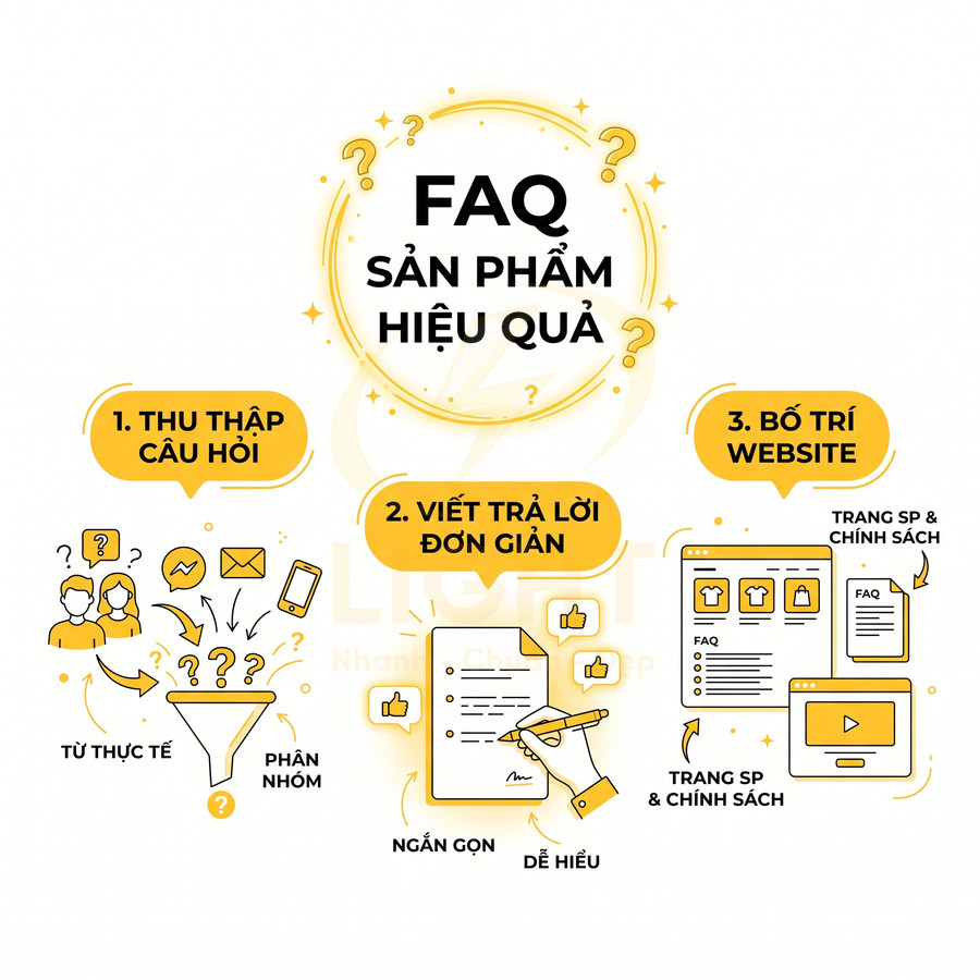 Hướng dẫn xây dựng FAQ sản phẩm hiệu quả với ba bước thu thập câu hỏi, viết trả lời đơn giản và bố trí trên website
