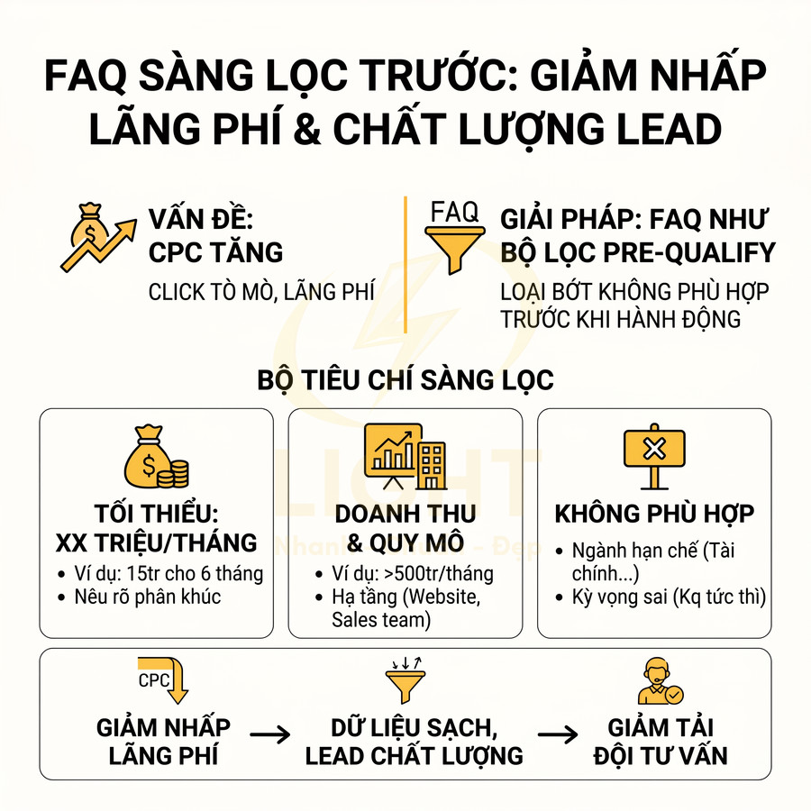 Infographic quy trình FAQ sàng lọc trước để giảm nhấp lãng phí và nâng cao chất lượng lead marketing