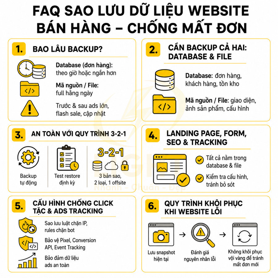 Infographic hướng dẫn backup dữ liệu website bán hàng chống mất đơn với 6 bước và biểu tượng minh họa