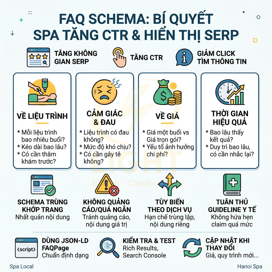 Infographic FAQ Schema bí quyết spa tăng CTR và hiển thị SERP với các mục liệu trình, cảm giác đau, giá và thời gian hiệu quả