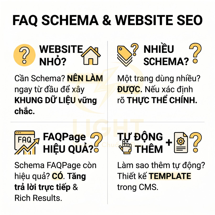 Infographic hướng dẫn dùng FAQ Schema cải thiện SEO website, giải đáp website nhỏ, nhiều schema, hiệu quả FAQPage và tự động thêm schema