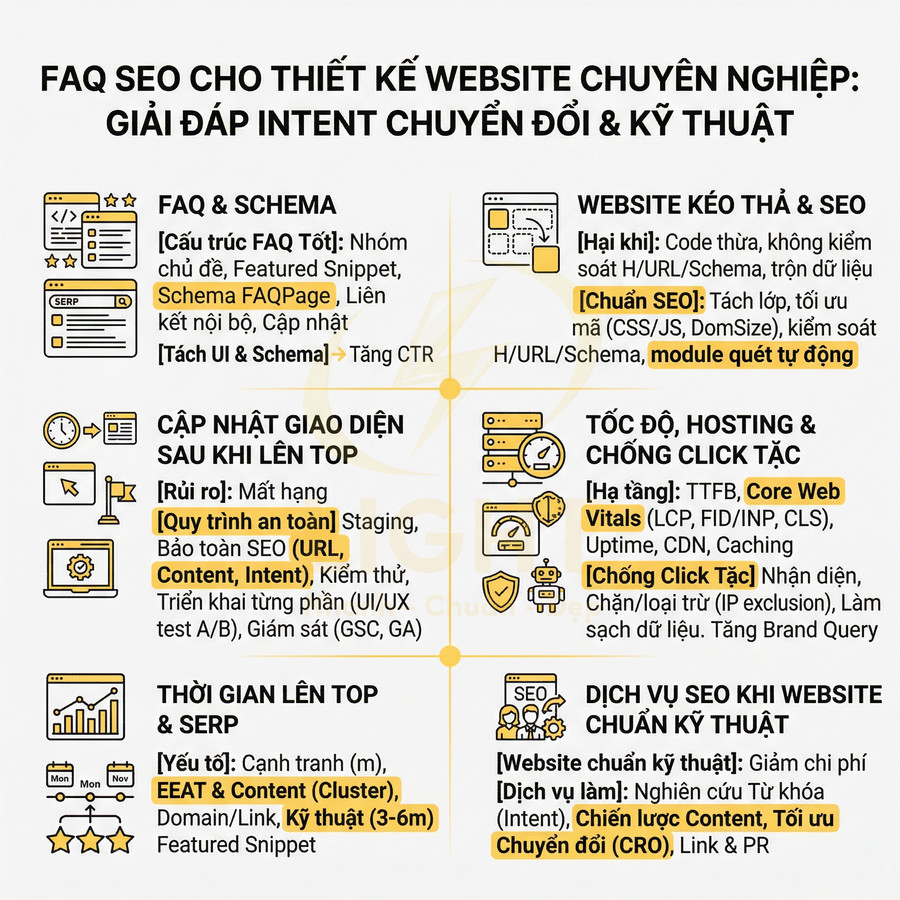 Infographic hướng dẫn tối ưu FAQ SEO cho thiết kế website chuyên nghiệp với schema, rich result và cập nhật định kỳ