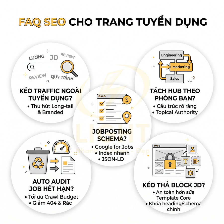 FAQ SEO cho trang tuyển dụng với các tips kéo traffic, jobposting schema, auto audit job hết hạn và tối ưu cấu trúc nội dung