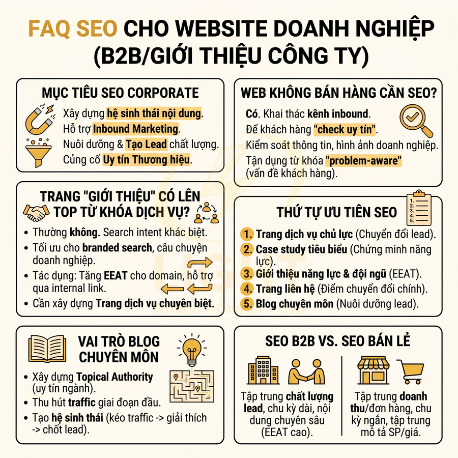 FAQ SEO cho website doanh nghiệp B2B, hướng dẫn mục tiêu SEO corporate, vai trò blog và thứ tự ưu tiên tối ưu nội dung