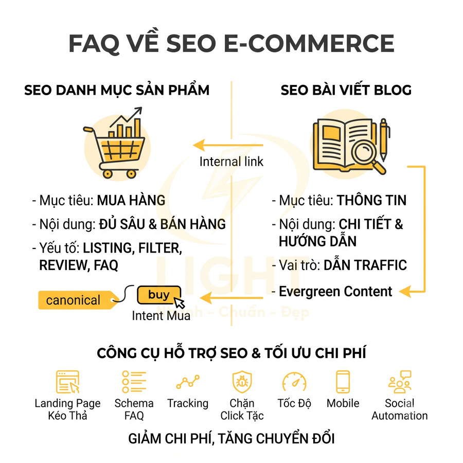 Infographic FAQ về SEO e commerce so sánh SEO danh mục sản phẩm và SEO bài viết blog