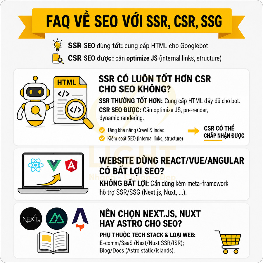 Infographic FAQ về SEO với SSR CSR SSG giải thích ưu nhược điểm và gợi ý dùng Next.js Nuxt Astro