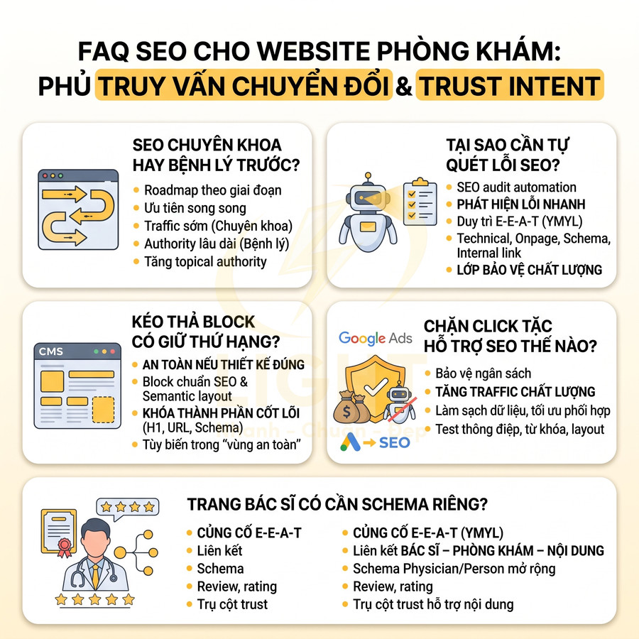 FAQ SEO cho website phòng khám, hướng dẫn tối ưu truy vấn chuyển đổi và trust intent cho dịch vụ y tế