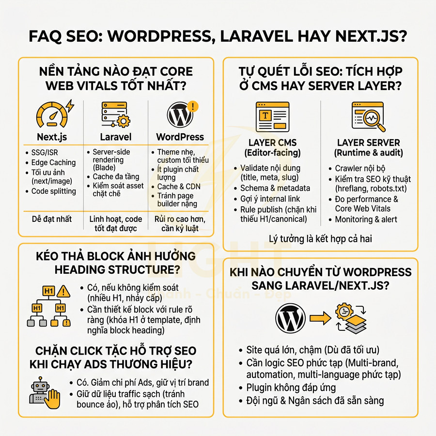 Infographic FAQ SEO so sánh WordPress, Laravel, Next.js và hướng dẫn tối ưu Core Web Vitals, heading, chuyển nền tảng