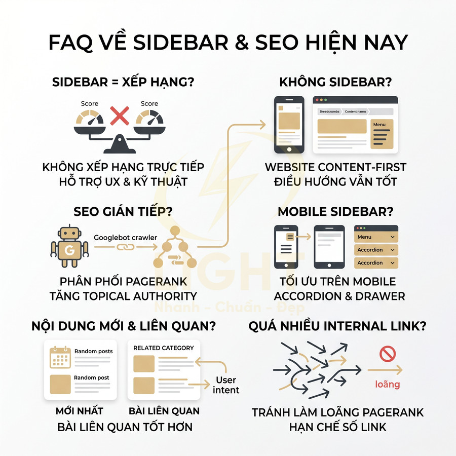 FAQ về sidebar và SEO hiện nay giải thích vai trò sidebar, internal link, mobile sidebar và tối ưu điều hướng trang web
