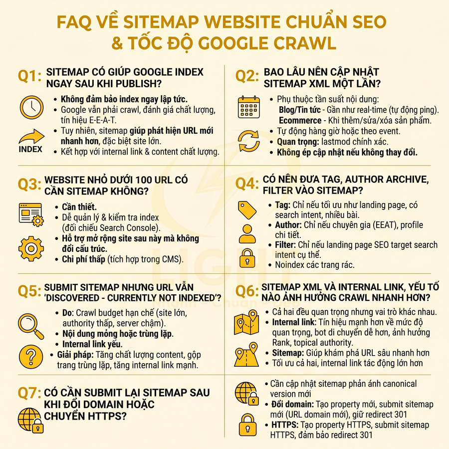 FAQ sitemap website chuẩn SEO và tốc độ Google crawl với giải đáp chi tiết cho 7 câu hỏi phổ biến