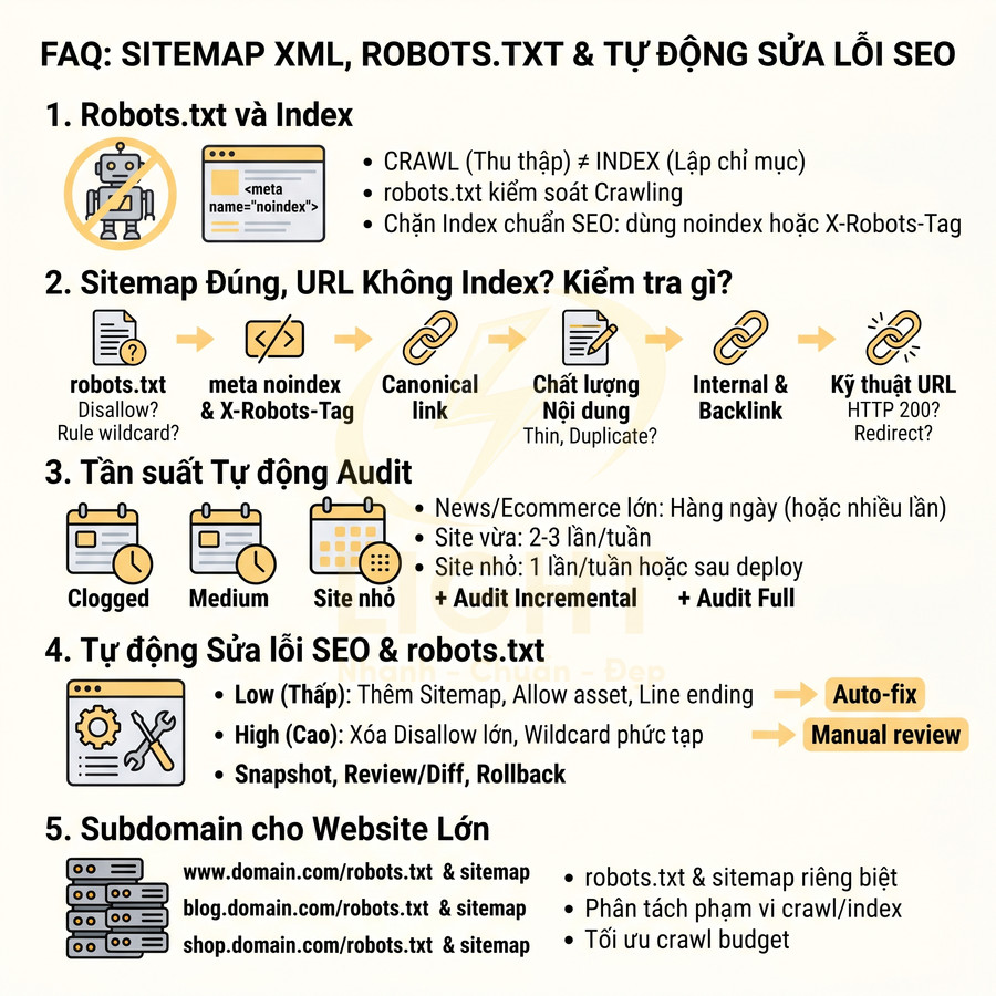 Hướng dẫn tối ưu sitemap XML và robots.txt, tự động audit và sửa lỗi SEO cho website và subdomain